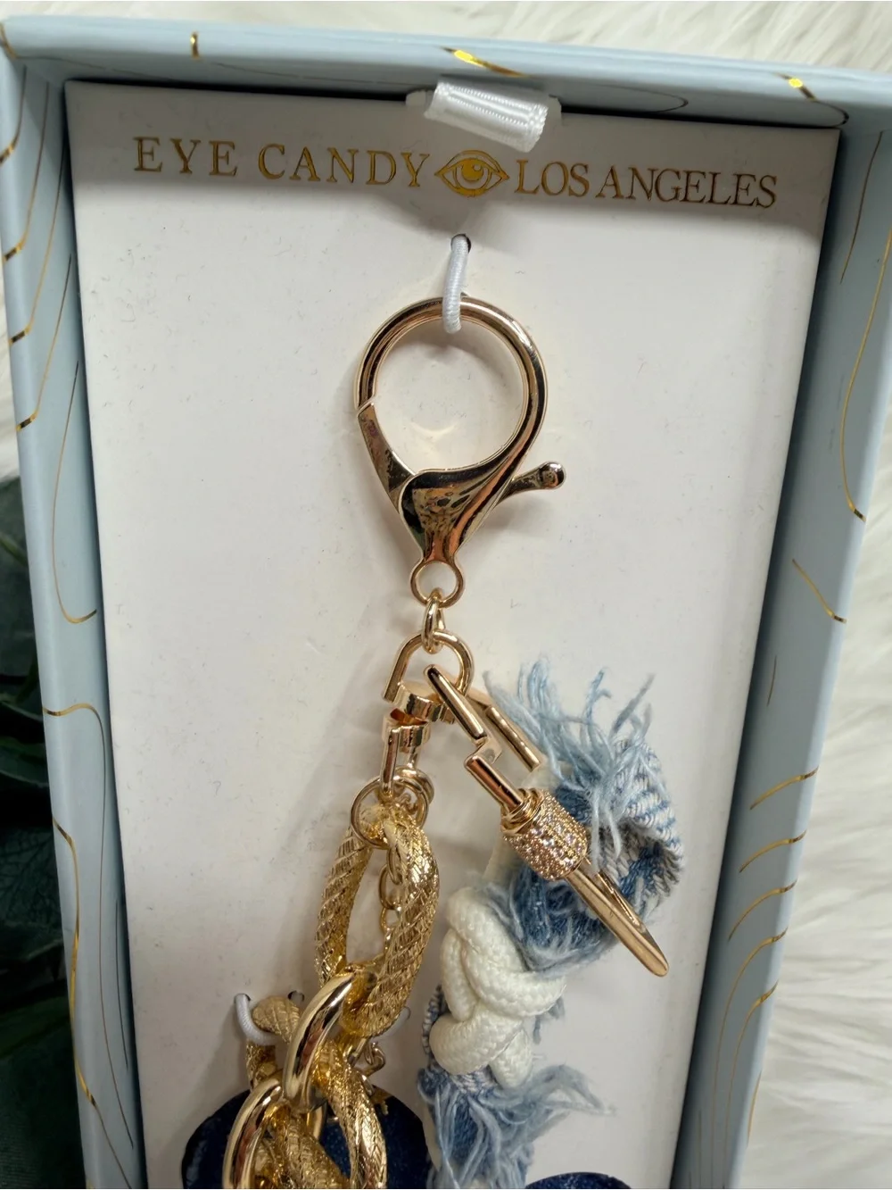 eye candy Blue & Gold Braided Heart Keychain Card Holder Charm
